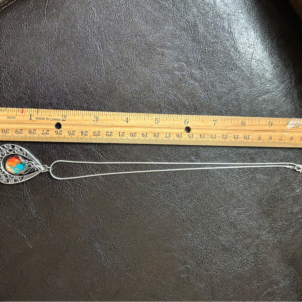 Silver and Turquoise Mosiac Teardrop Pendant Necklace. NWT - Picture 4 of 5